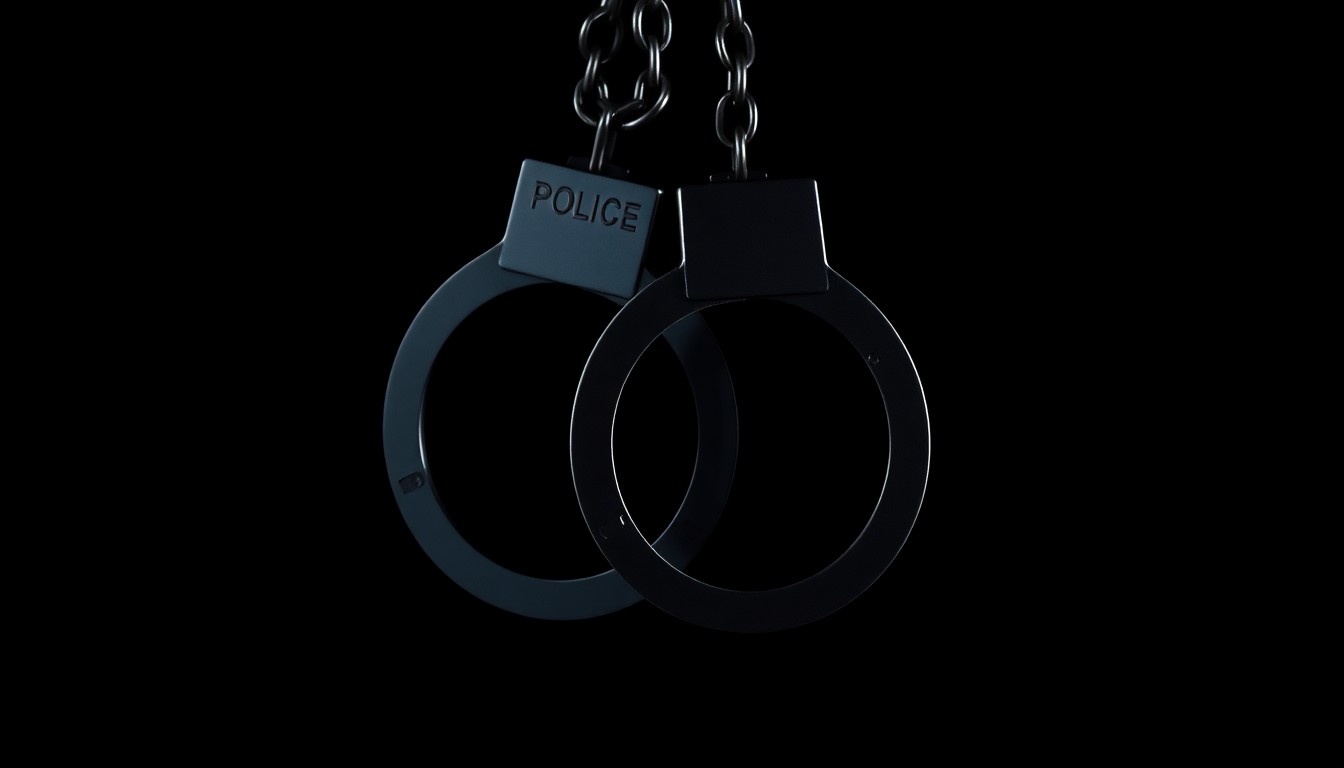 An extreme close-up photograph of a police badge or handcuffs against a pitch-black background, lit by a harsh, direct camera flash, conceptually illustrating the tense legal conflict between a former police chief and the city that fired him.