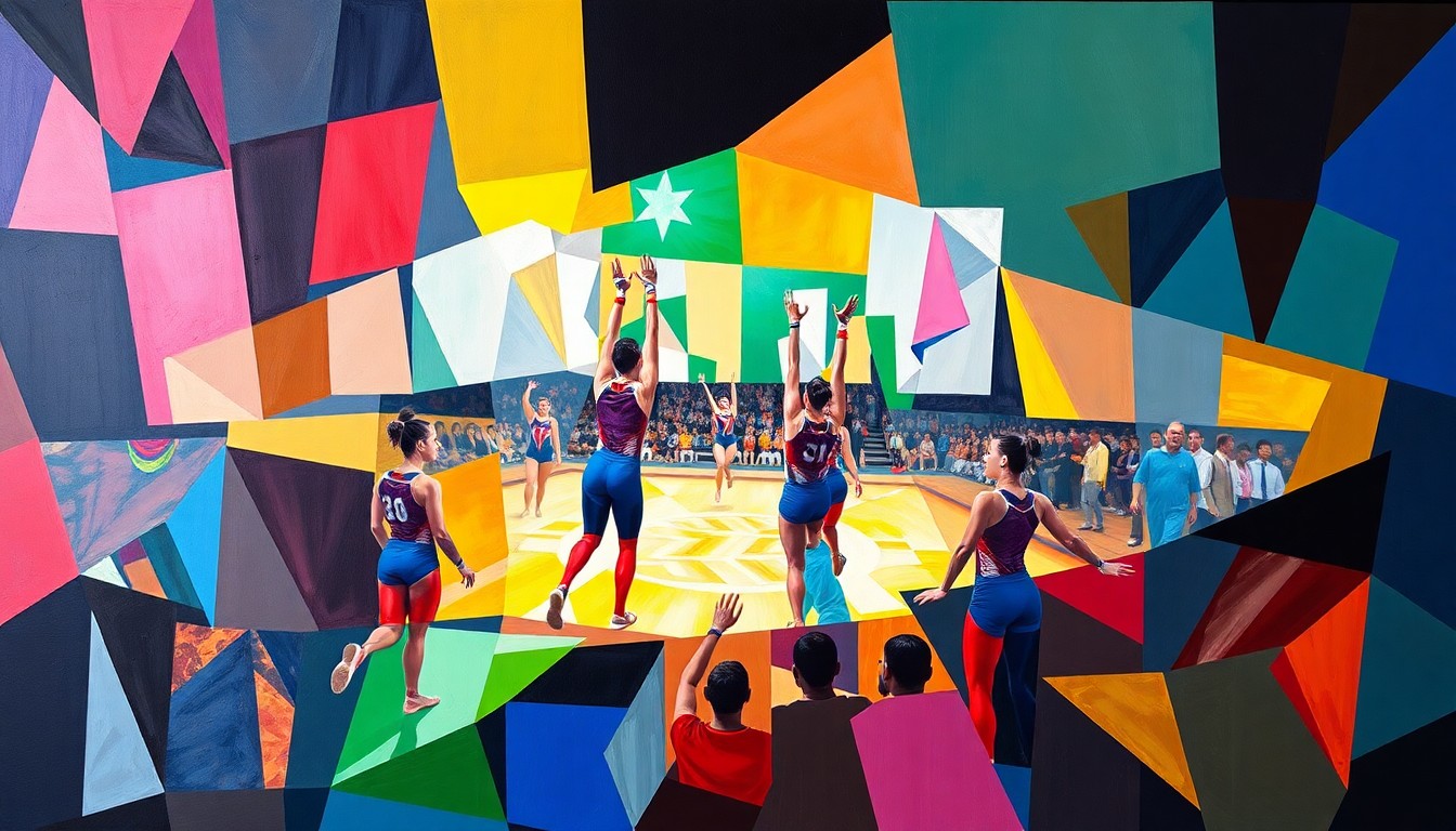 A cubist, geometric painting depicting a gymnastics competition, with sharp, overlapping planes of color representing the dynamic movements and energy of the sport.