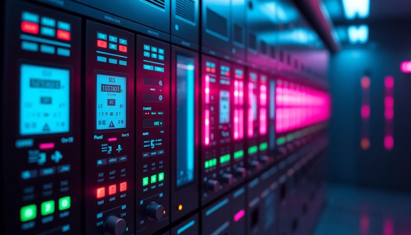A highly detailed, glowing 3D macro illustration of an industrial control panel with pulsing neon cyan and magenta lights, conceptually representing the compromised Rockwell Automation systems targeted by Iranian hackers.