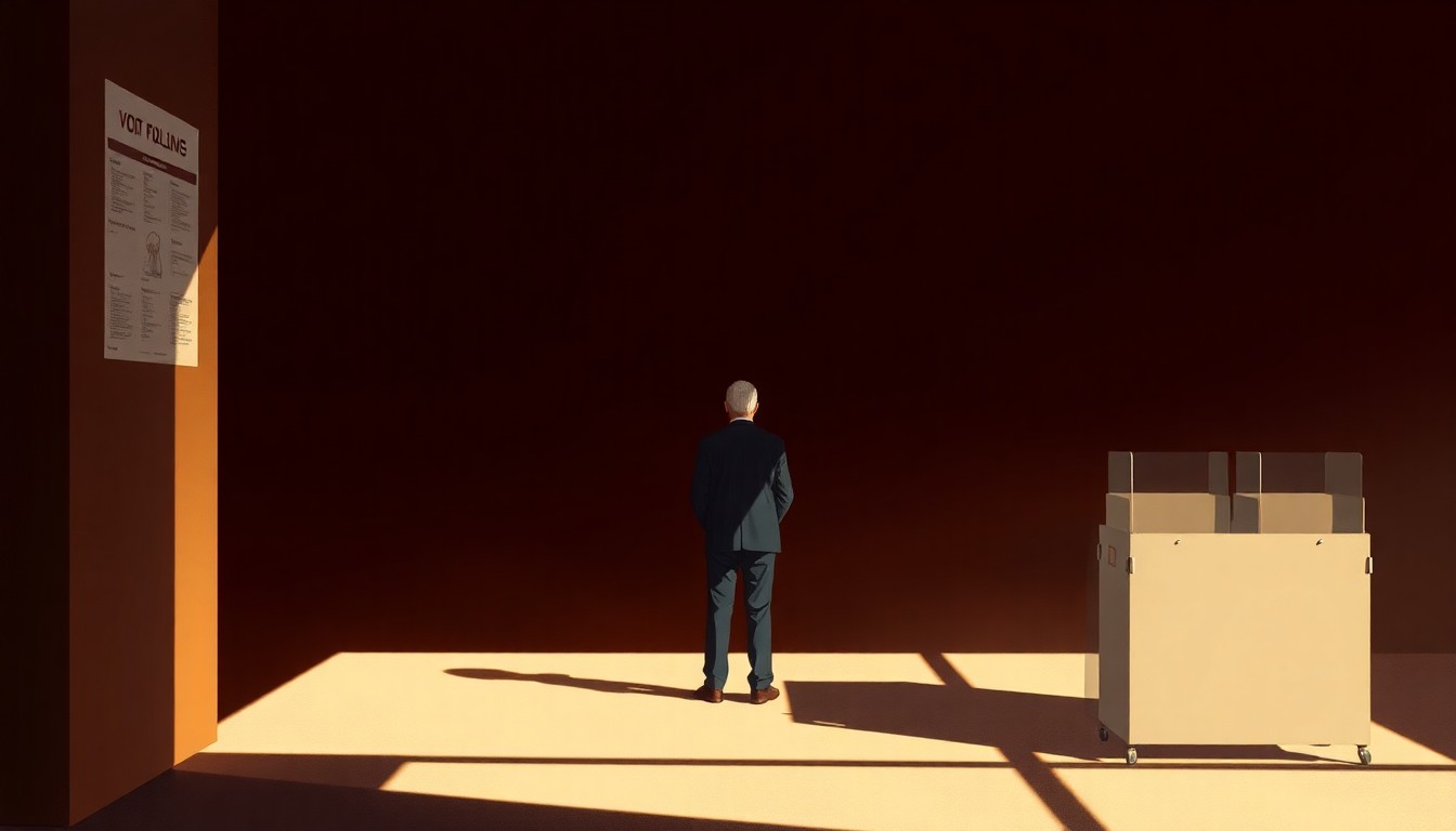 A quiet, cinematic painting of a single voter standing in line at a polling place, the scene bathed in warm, diagonal sunlight and deep shadows, conceptually representing the importance of local elections.