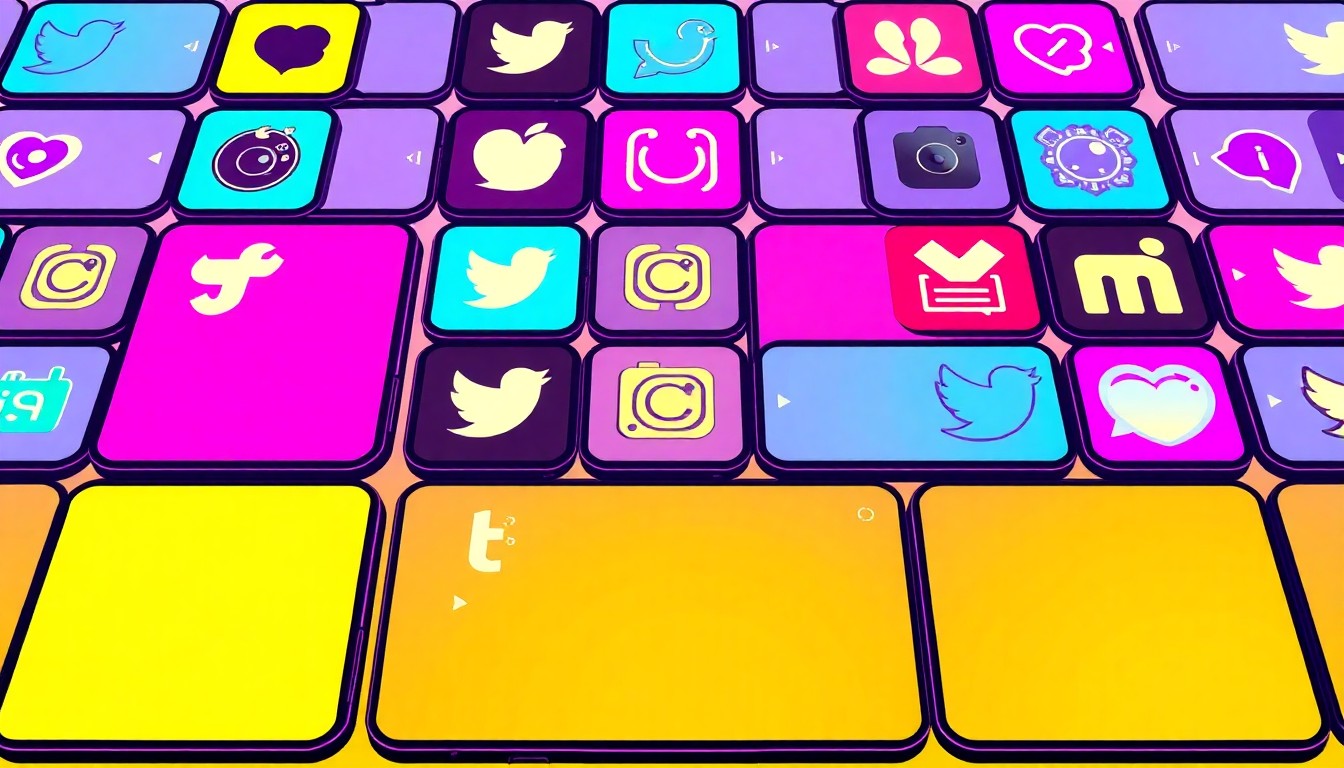 A vibrant, abstract silkscreen print featuring a repeating grid of smartphone screens displaying various social media app icons, conceptually representing the prioritization of digital technology over traditional comforts.