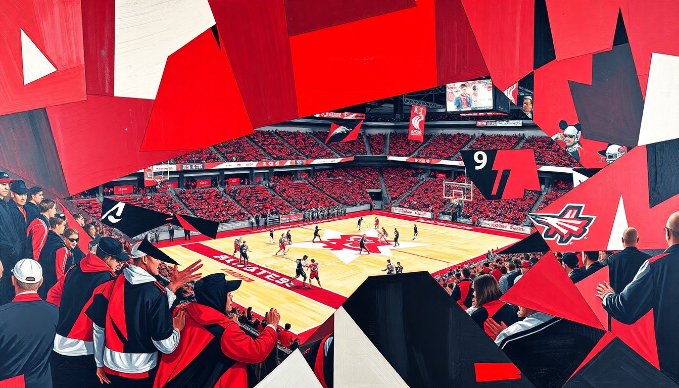 A cubist, geometric painting in the colors of Arkansas State University sports teams, with overlapping planes and shapes representing the dynamic changes in the school's athletic leadership.