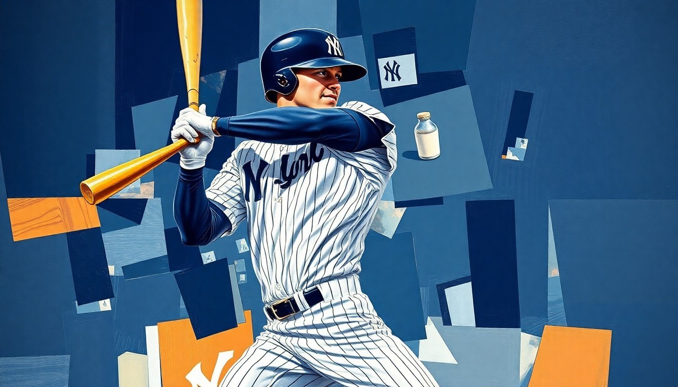 A cubist, geometric deconstruction of a baseball player's swing, with sharp planes of navy blue, white, and metallic gray representing the disconnected upper and lower body movements.