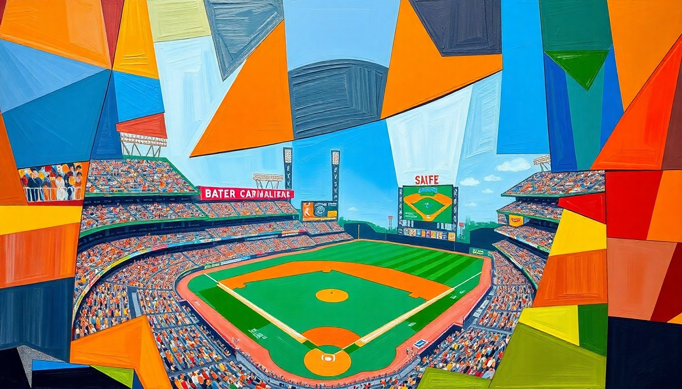 A cubist, geometric painting depicting a fragmented baseball stadium scene with overlapping planes of bright orange, blue, and green shapes, conveying the energy and excitement of the Orioles' themed promotional events.