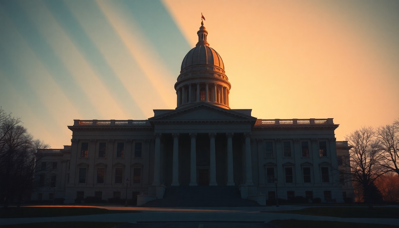 A serene, cinematic painting of the Wisconsin State Capitol building, its grand architecture and dome bathed in warm, golden light and deep shadows, conveying the weighty significance of the state's Supreme Court election.