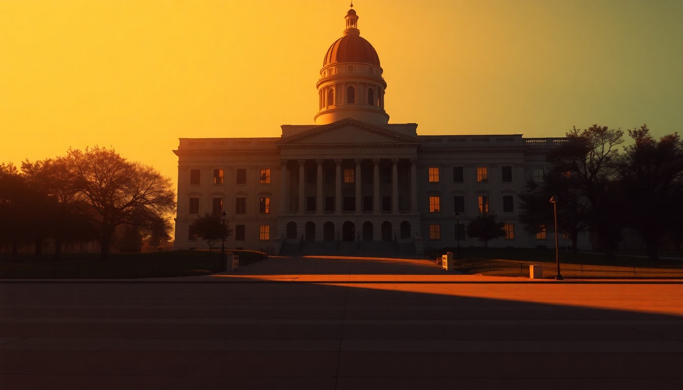 A photorealistic painting of an empty Arkansas state capitol building, with the facade bathed in warm, golden sunlight and deep shadows, conveying a sense of solitude and civic contemplation.