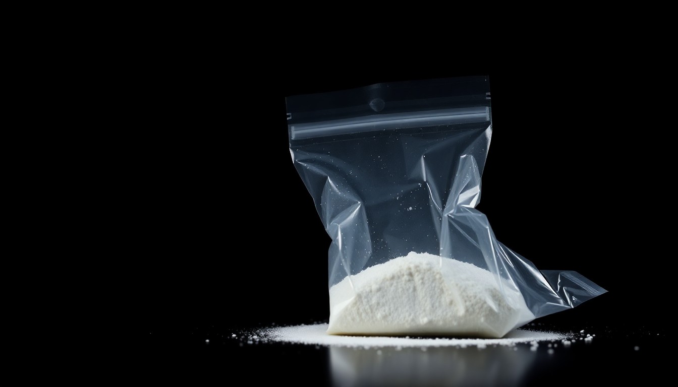 An extreme close-up of a small plastic bag containing a white powdery substance, creating a stark, gritty, and investigative visual metaphor for the city's efforts to combat the drug trade.