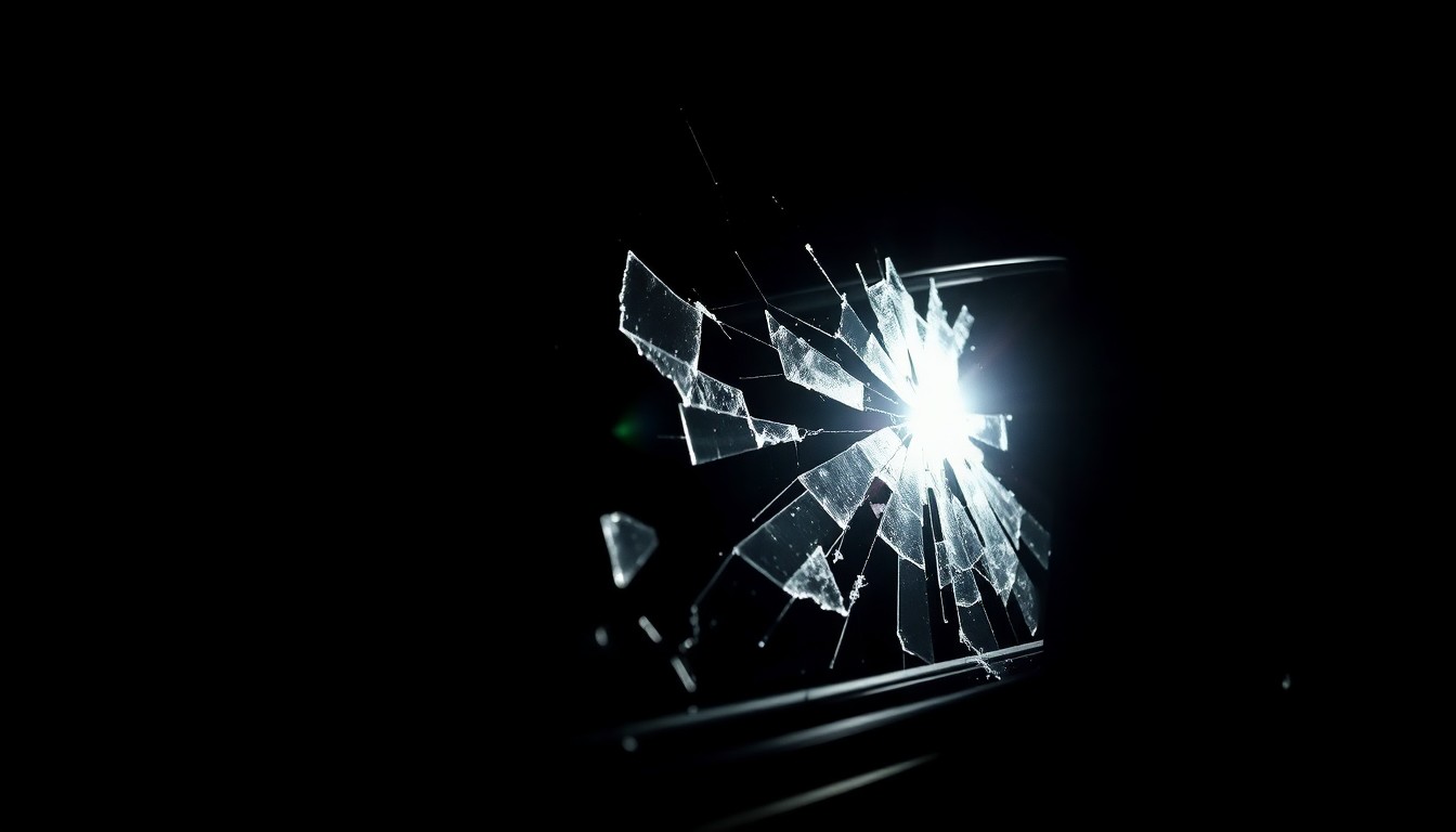 An extreme close-up photograph of shattered glass from a car window or side mirror, lit by a harsh, direct camera flash against a pitch-black background, creating a stark, gritty, investigative aesthetic.