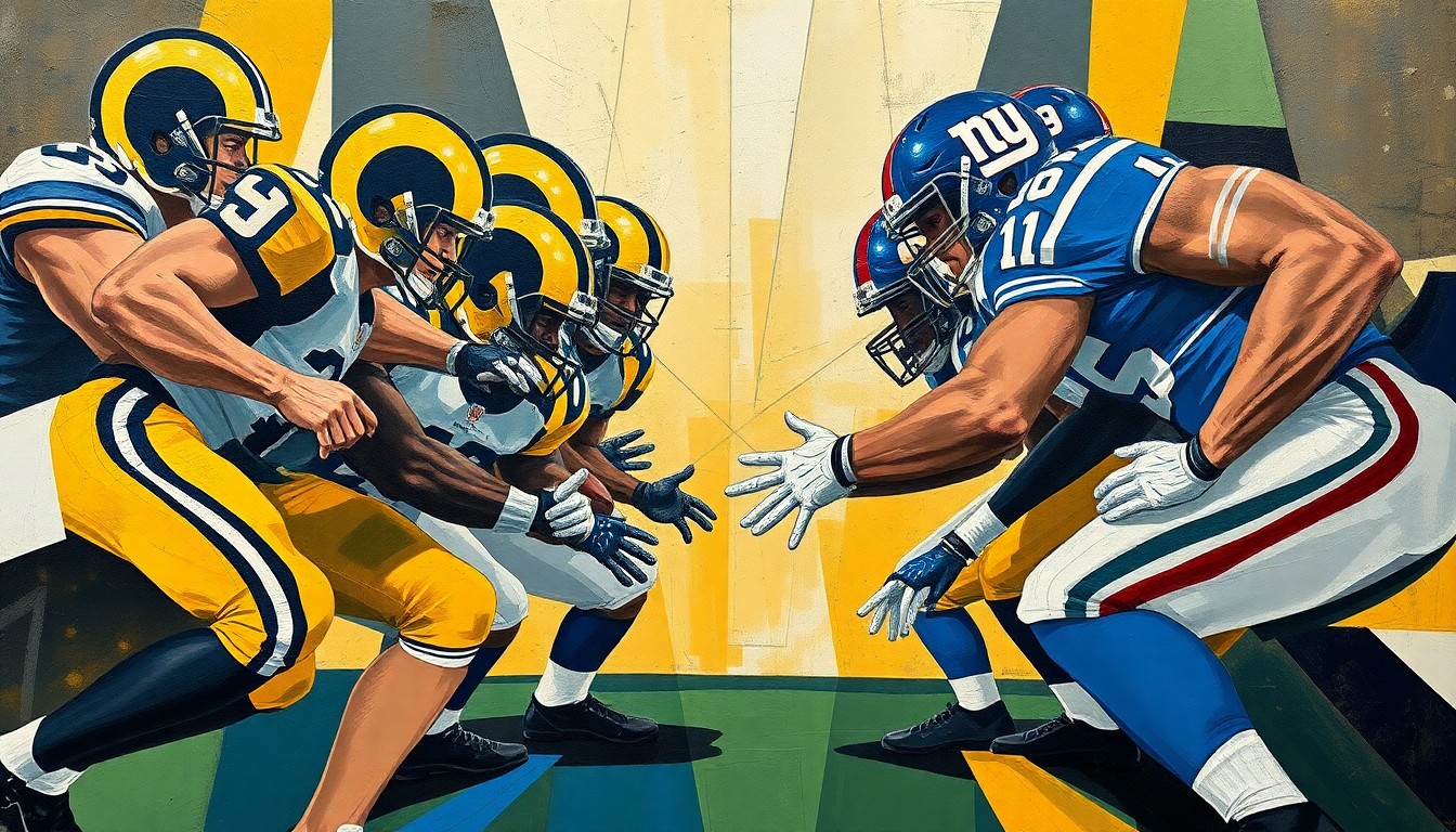 A fragmented, geometric painting depicting the collision of two defensive lines, conveying the intensity and complexity of the strategic decision facing the Rams regarding a potential trade for Dexter Lawrence.