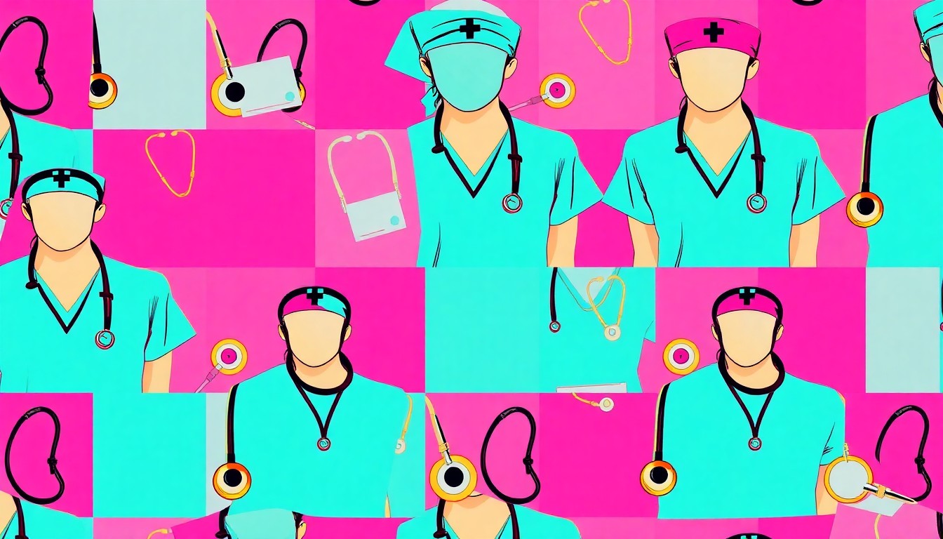 A bold, colorful silkscreen print featuring a repeating pattern of a single nursing tool, such as a stethoscope or scrubs, rendered in a vibrant, high-contrast pop art style that celebrates the program's achievements.