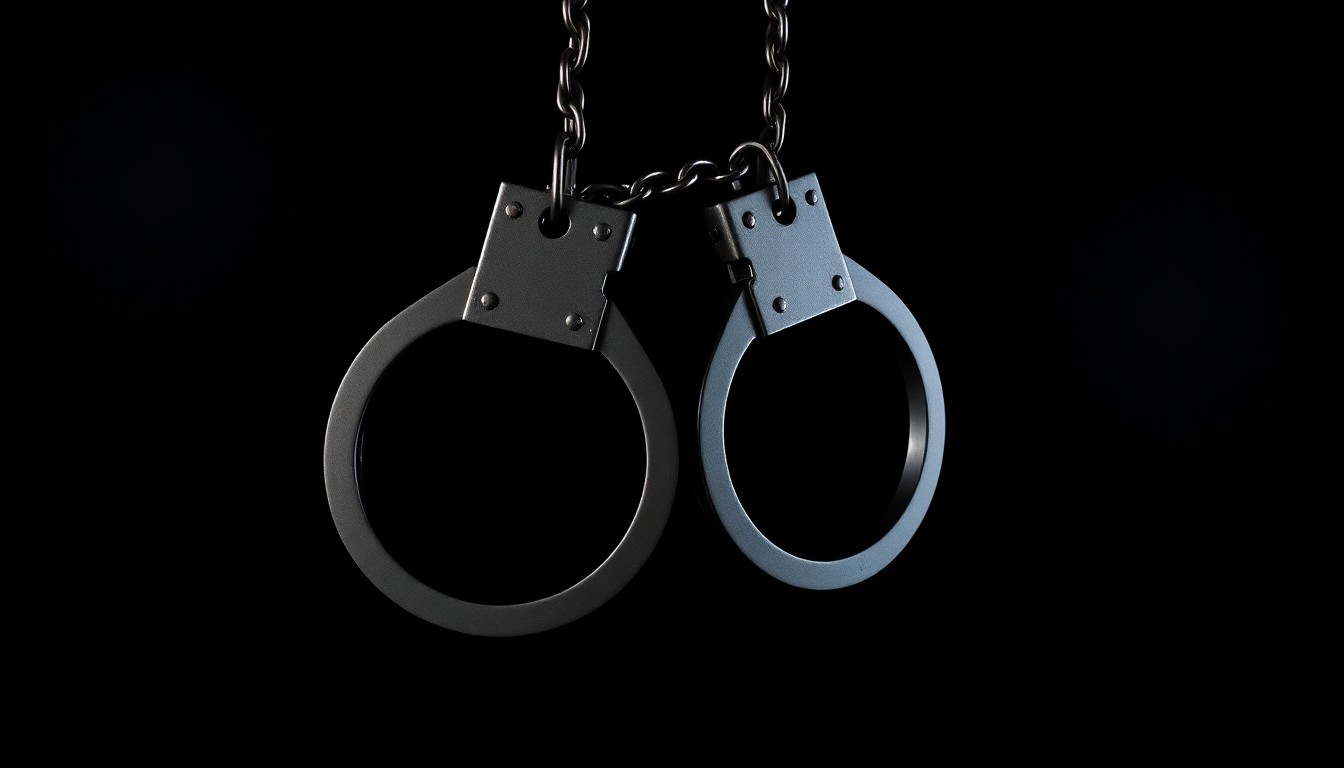An extreme close-up photograph of a pair of handcuffs against a pitch-black background, conveying the stark, gritty, and investigative nature of this crime.