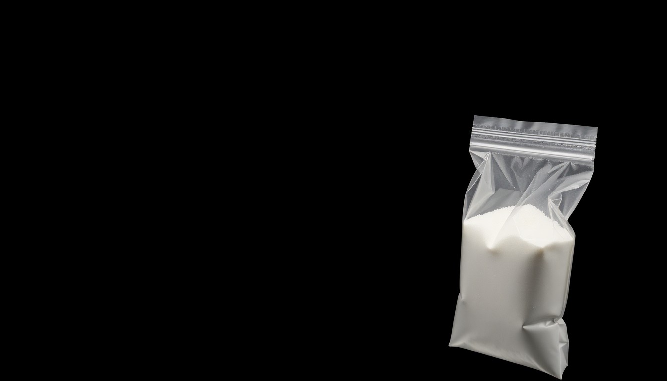 An extreme close-up photograph of a small plastic bag containing white powder, conceptually illustrating the evidence seized in a drug raid operation.