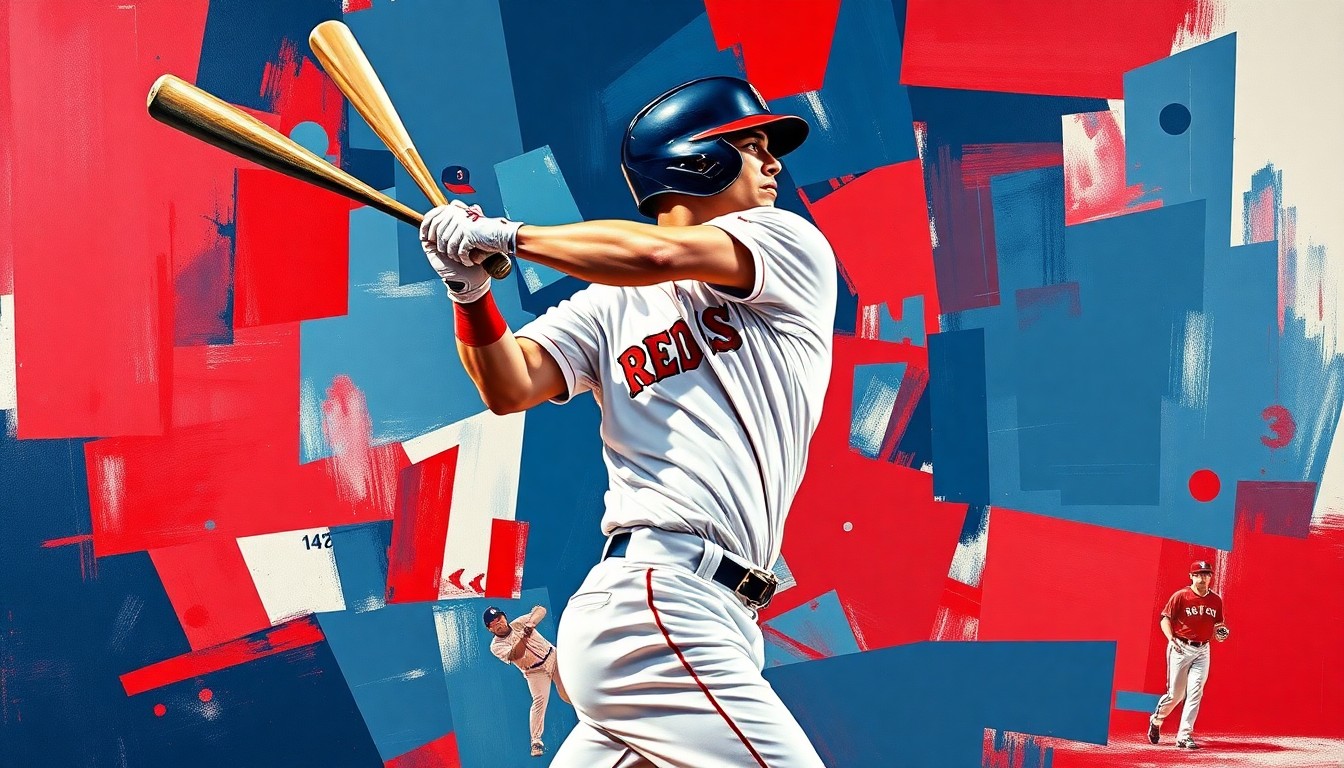 A fragmented, geometric painting in the style of Pablo Picasso, depicting a baseball player swinging a bat in overlapping planes of crimson red, navy blue, and white, conveying the frustration of the Red Sox's young first baseman Triston Casas as he deals with another injury.