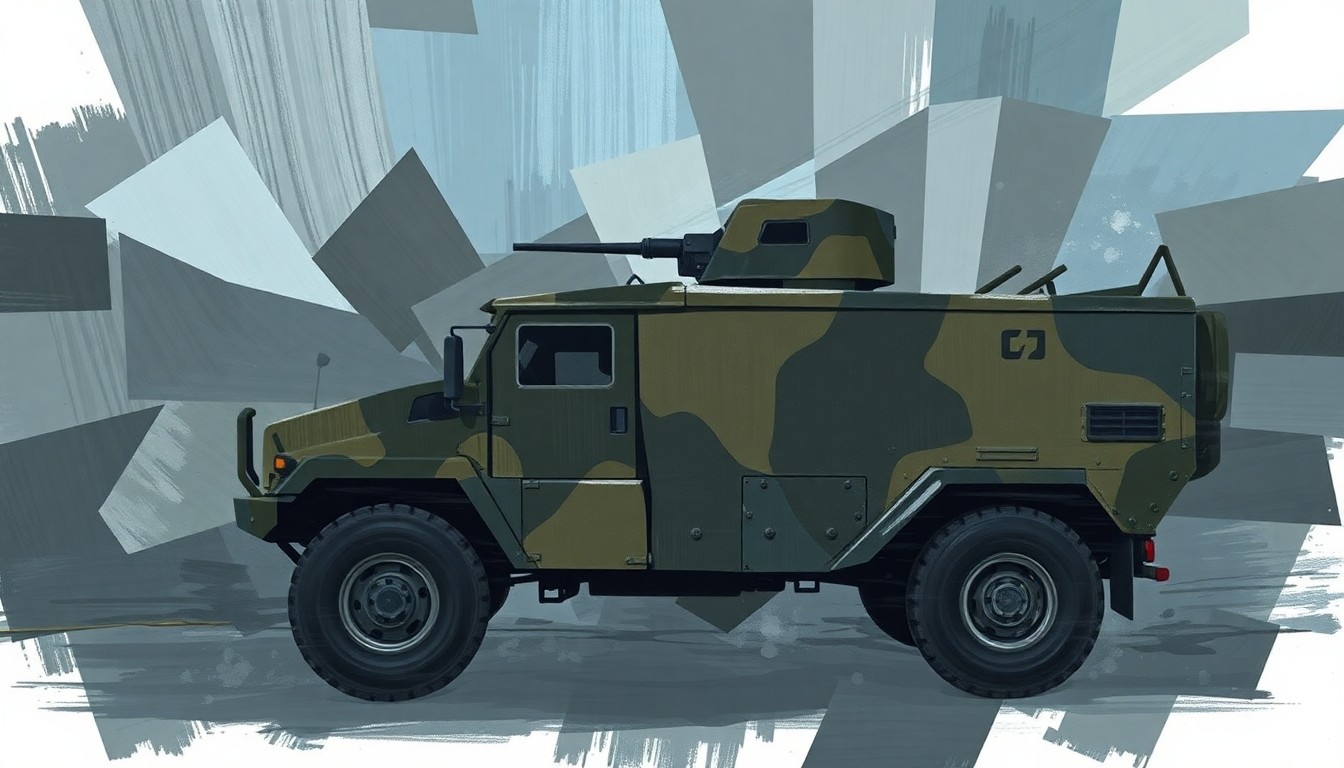 A conceptual, abstract painting of an Army vehicle or equipment in motion, with overlapping, fractured geometric shapes in shades of grey, olive, and blue, suggesting a sense of political upheaval and power struggles within the military.