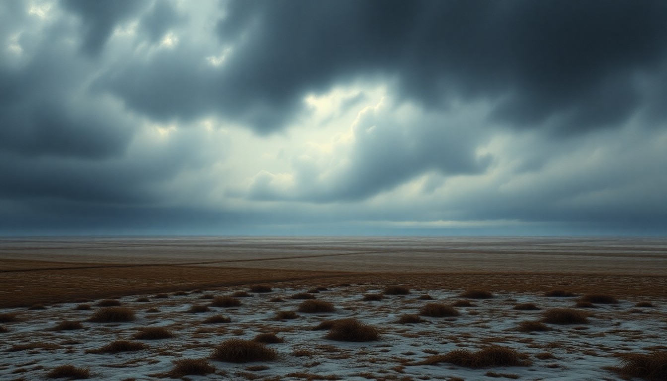 A sweeping, atmospheric landscape painting in muted tones of grey, blue, and white, depicting a frozen, desolate field under a heavy, overcast sky, conveying the overwhelming power and melancholy of the impending freeze.