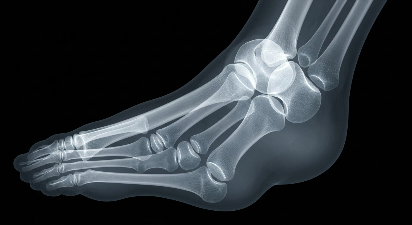 A translucent, ghostly X-ray image of a human ankle joint, revealing the intricate bone and ligament structure in glowing lines against a dark background, conceptually representing the need for professional medical care for certain winter injuries.