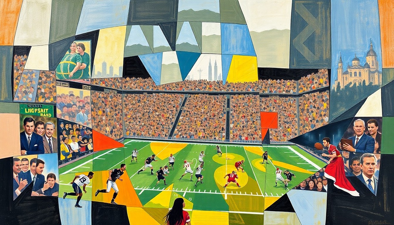 A fragmented, geometric painting depicting various football players and elements of the game, conveying the complex strategic decisions teams face in the NFL Draft.