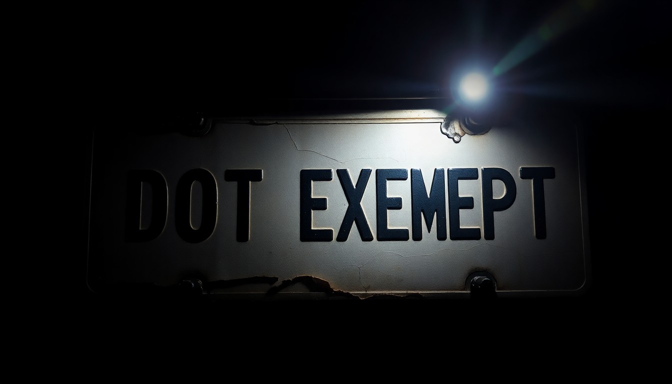 An extreme close-up of a cracked and damaged vehicle license plate with the words 'DOT EXEMPT' printed on it, conceptually illustrating the unlawful use of a fictitious license plate.