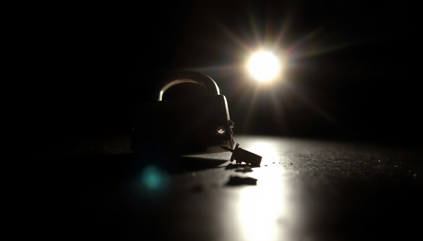 An extreme close-up of a damaged lock or property evidence, reflecting a harsh, direct camera flash and creating a stark, gritty, investigative aesthetic.