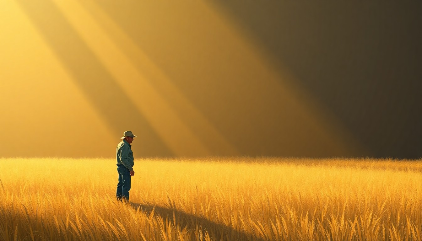 A serene, photorealistic painting of a lone farmer standing in a sun-dappled field, conveying a sense of contemplation and concern over the economic pressures facing the agricultural industry.
