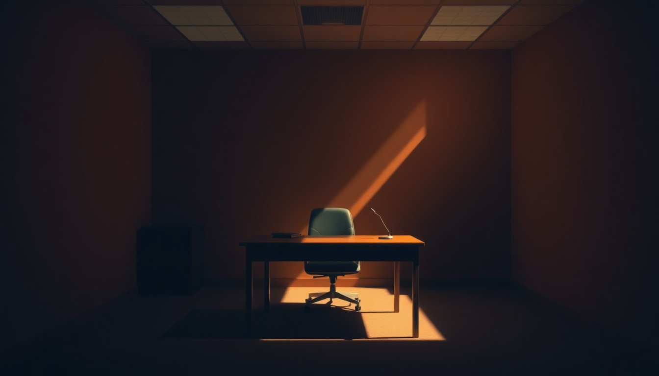 A warm, cinematic painting of an empty government office desk in a dimly lit room, with diagonal sunlight and deep shadows, conceptually representing the bureaucratic obstacles faced by immigrants seeking citizenship.