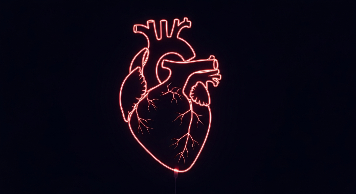 A glowing neon outline of a human heart pulsing with energy against a dark background, conceptually representing the life-giving power of organ donation.
