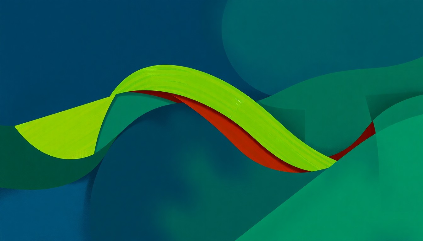 An abstract, fragmented painting with overlapping geometric shapes in shades of blue and green, conceptually representing the political debate over curriculum in public schools.