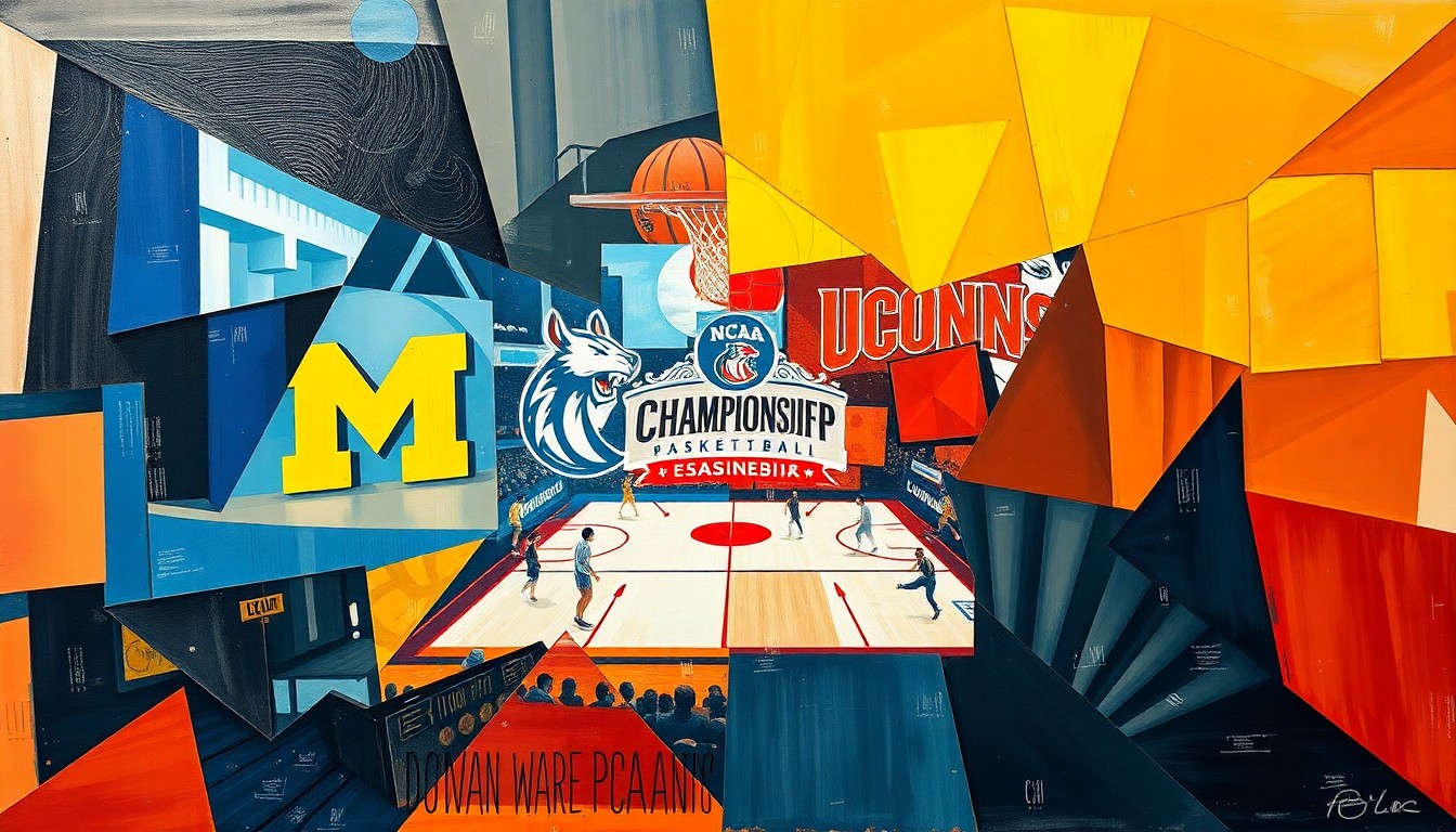 A fractured, cubist-style painting depicting the action and energy of a basketball game, with players and the court broken down into sharp, overlapping geometric shapes and planes in a vibrant color palette.