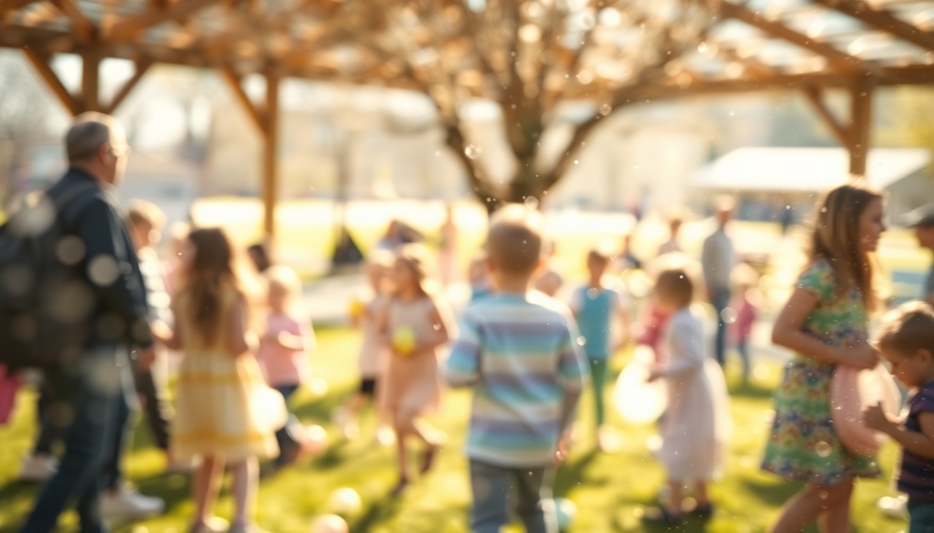 An abstract, impressionistic scene of blurred shapes and soft, warm colors, evoking the joyful atmosphere of a community Easter egg hunt in a small town park.