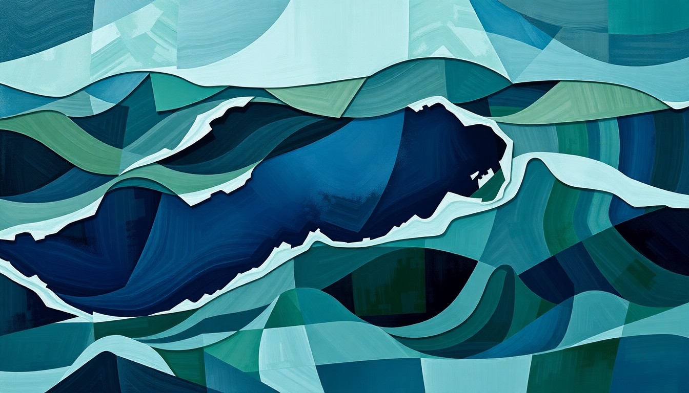 A highly stylized, fractured painting in shades of blue, green, and gray depicting the Strait of Hormuz, the strategic waterway at the center of the ongoing geopolitical conflict.