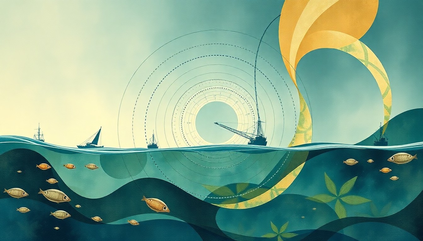 An abstract, geometric painting in earthy tones of blue, green, and brown, depicting a complex web of interconnected marine life and industrial fishing equipment, conveying the fragility of the ocean ecosystem.