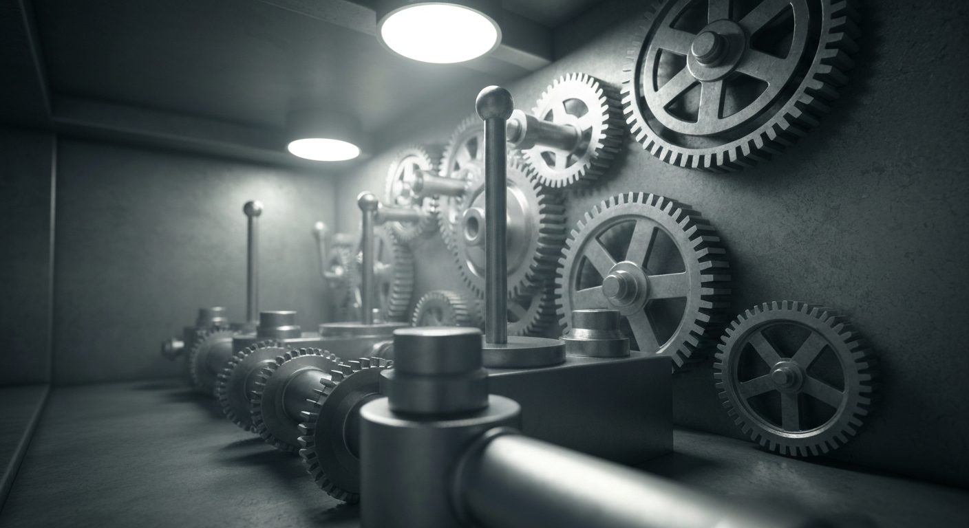 An extreme close-up of heavy, industrial banking machinery and mechanisms, conveying the complex financial systems that underpin investment portfolios.
