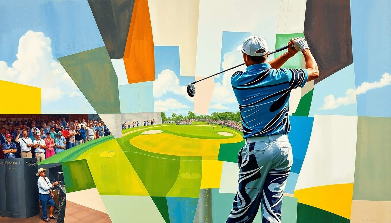 A cubist, geometric painting depicting a golfer's swing and the Masters tournament in an abstract, deconstructed style.