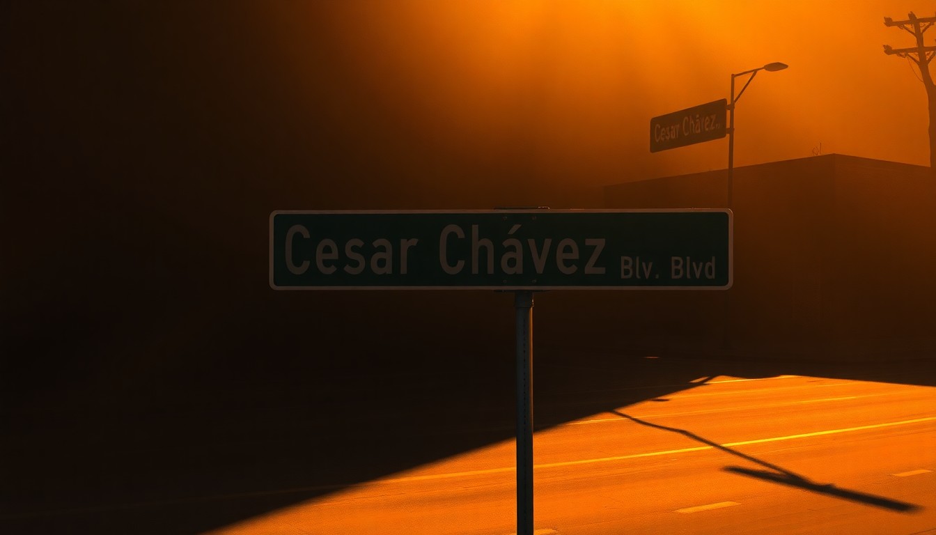 A photorealistic oil painting depicting a lone street sign for 'César Chávez Blvd' on a quiet urban street, the sign bathed in warm, golden sunlight and surrounded by deep shadows, conveying a sense of nostalgic contemplation about the city's evolving identity.