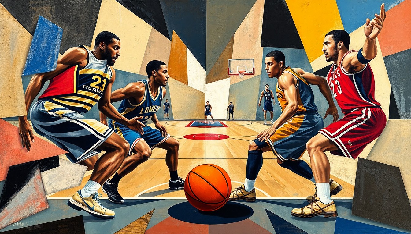 A fragmented, geometric painting in the style of Pablo Picasso, depicting the dynamic movements and intense competition of a basketball game between two rival teams, with the players' forms abstracted into sharp, overlapping planes of color and shape.