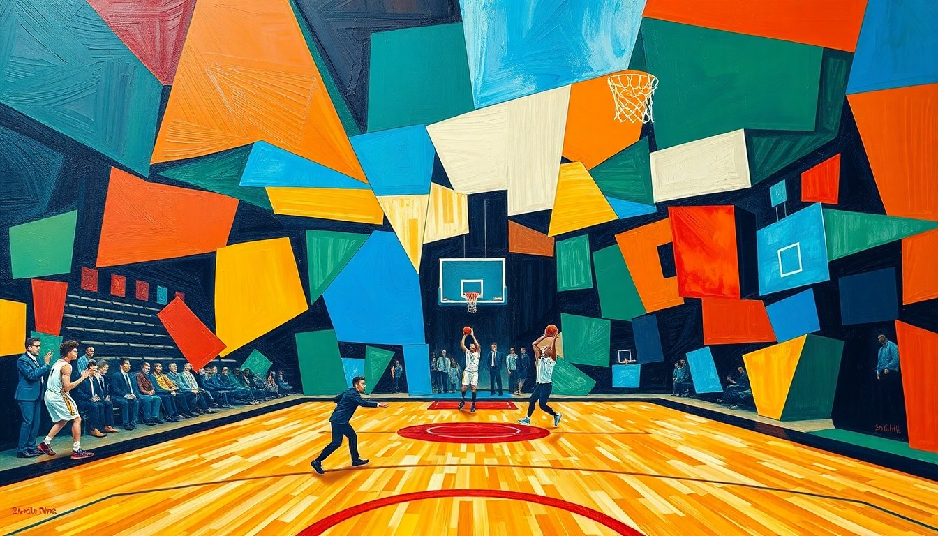 A cubist, geometric painting depicting a basketball game or match, with sharp, overlapping planes of color representing the dynamic action on the court.