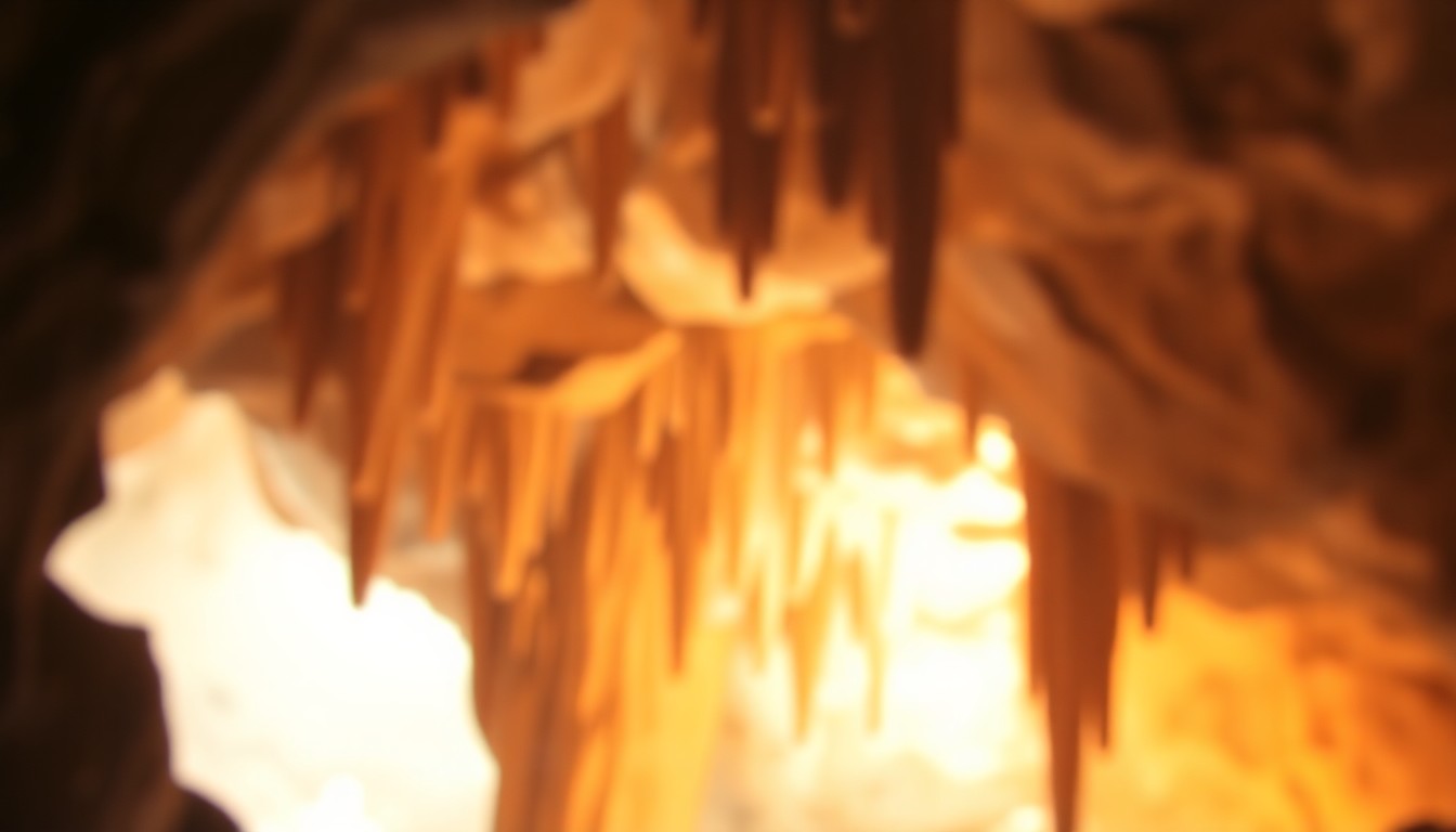 An abstract, impressionistic photograph depicting the interior of a limestone cave, with soft, blurred pools of warm light and color creating a sense of mystery and natural beauty.