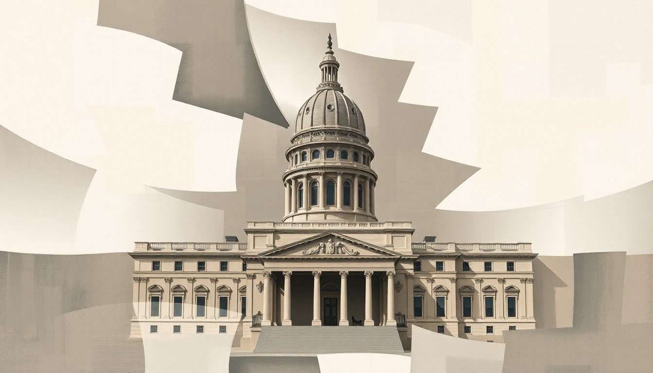 A fractured, abstract painting of a Utah state capitol building or other political structure, repeated in overlapping geometric waves of muted earth tones and grays, conveying the chaotic and divisive nature of the gerrymandering battle.