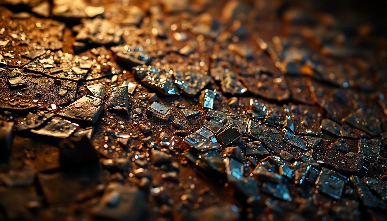 An abstract close-up photograph featuring shattered glass and cracked leather textures in high-contrast lighting, conveying the rugged history and sacrifice of the Alamo battle.