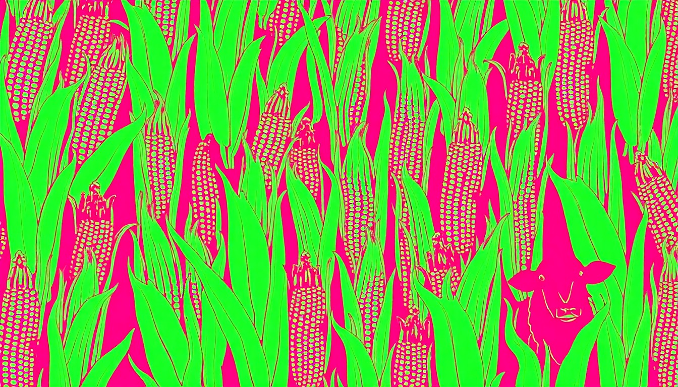 A bold, colorful silkscreen print featuring repeated images of an iconic Iowa farm product, such as corn or soybeans, in a vibrant pop art style that celebrates the state's agricultural identity.