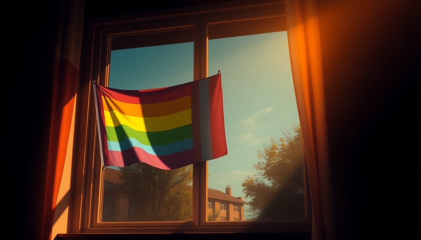 A serene, cinematic painting depicting a single Pride flag hanging in a campus window, the flag's vibrant colors contrasted by the warm, golden light and deep shadows surrounding it, conveying a sense of quiet contemplation and the importance of visible LGBTQIA+ representation.