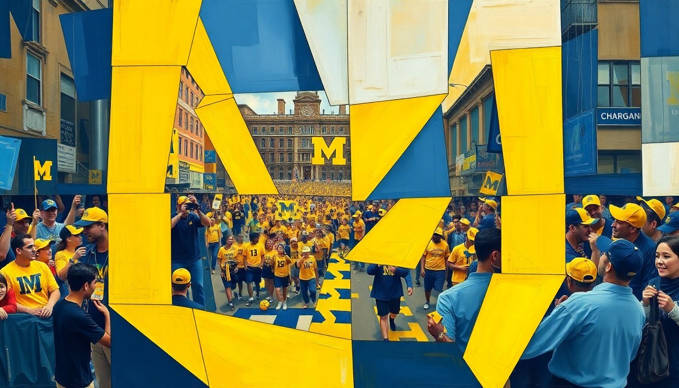 A cubist, geometric painting in shades of maize and blue, depicting fragmented and overlapping scenes of a celebratory parade and crowd, capturing the energy and excitement of the Michigan basketball championship.