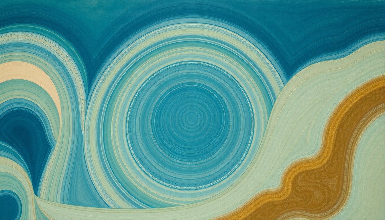 A highly textured, abstract painting in muted shades of blue, green, and brown, featuring sweeping geometric shapes and precise organic spirals, conceptually representing the complex interplay of nitrogen cycling and microbial processes within an oxygen-depleted ocean region.