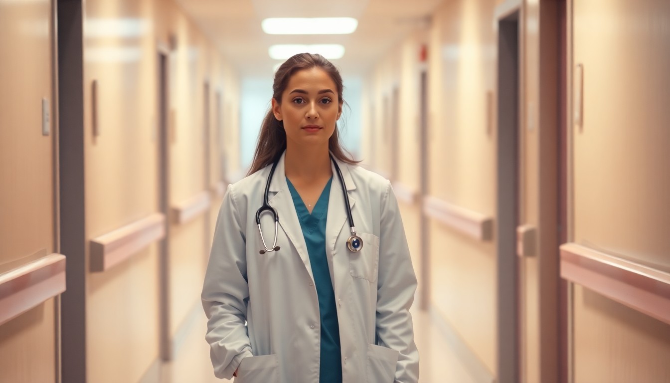 An abstract, out-of-focus photograph of a person in a white medical coat walking down a hospital corridor, the scene bathed in warm, diffused light, conceptually representing the personalized, hands-on nursing education at Lake Land College.