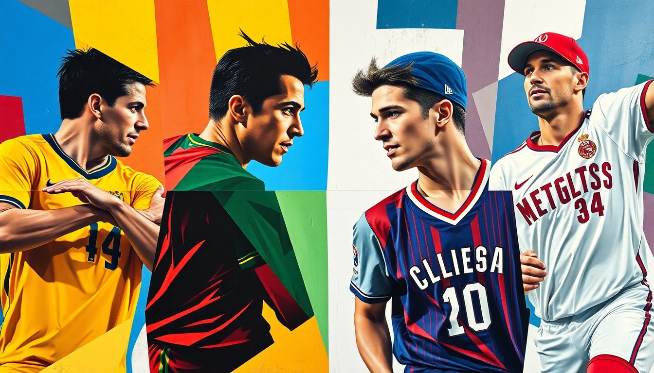 A fractured, cubist-style painting depicting the contrasting athletic movements and salaries of top soccer, football, basketball, and baseball players, using vibrant colors and sharp geometric shapes to convey the disparity in compensation across different sports.