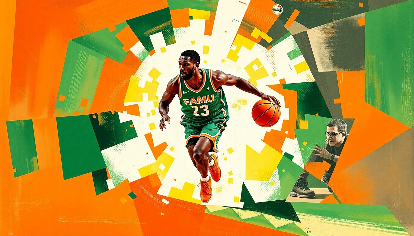 A cubist, geometric illustration depicting a college basketball player in motion, with sharp, overlapping planes of vibrant green and orange colors representing the FAMU Rattlers' uniform.