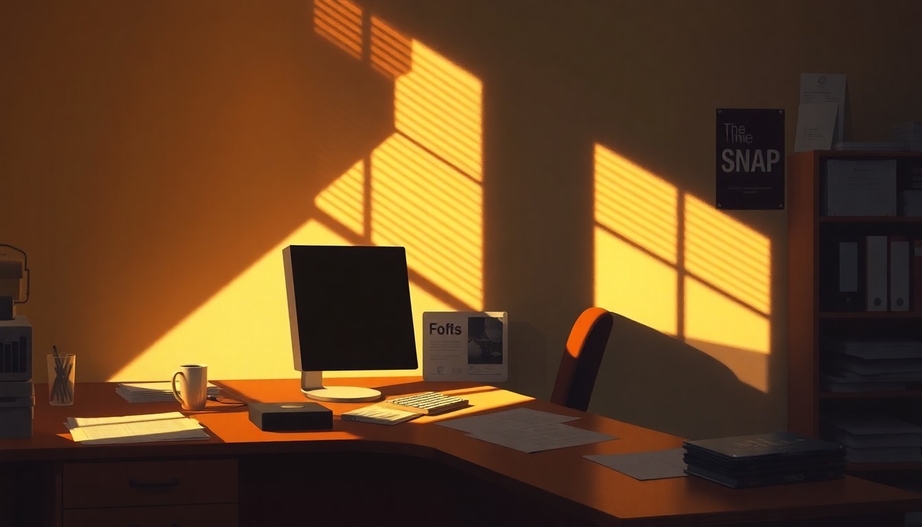 A warm, cinematic painting depicting the desk of a SNAP caseworker, with a computer monitor, paperwork, and office supplies arranged neatly, conveying a sense of quiet focus and attention to detail.