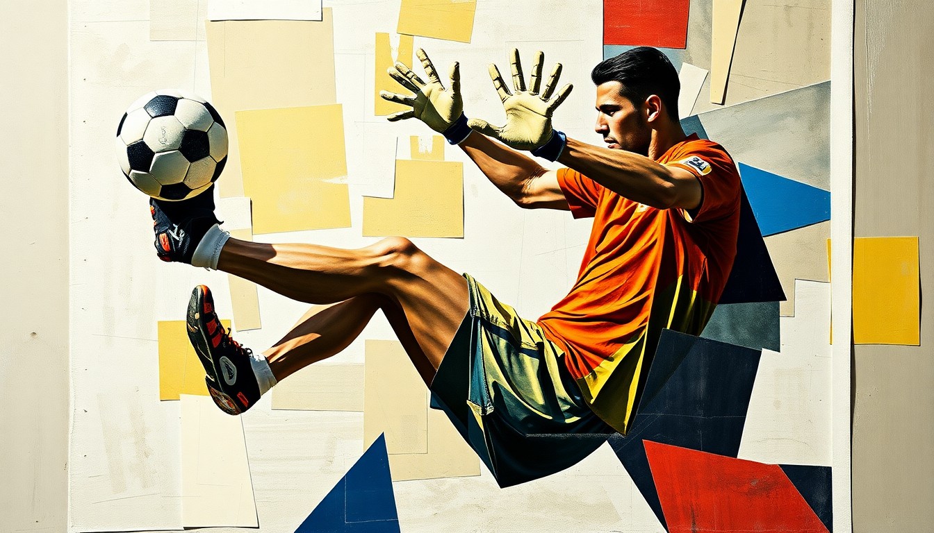 A fractured, multi-perspective painting depicting a soccer goalkeeper in action, with the player's movements and the ball's trajectory broken down into sharp, overlapping geometric planes in a cubist style.