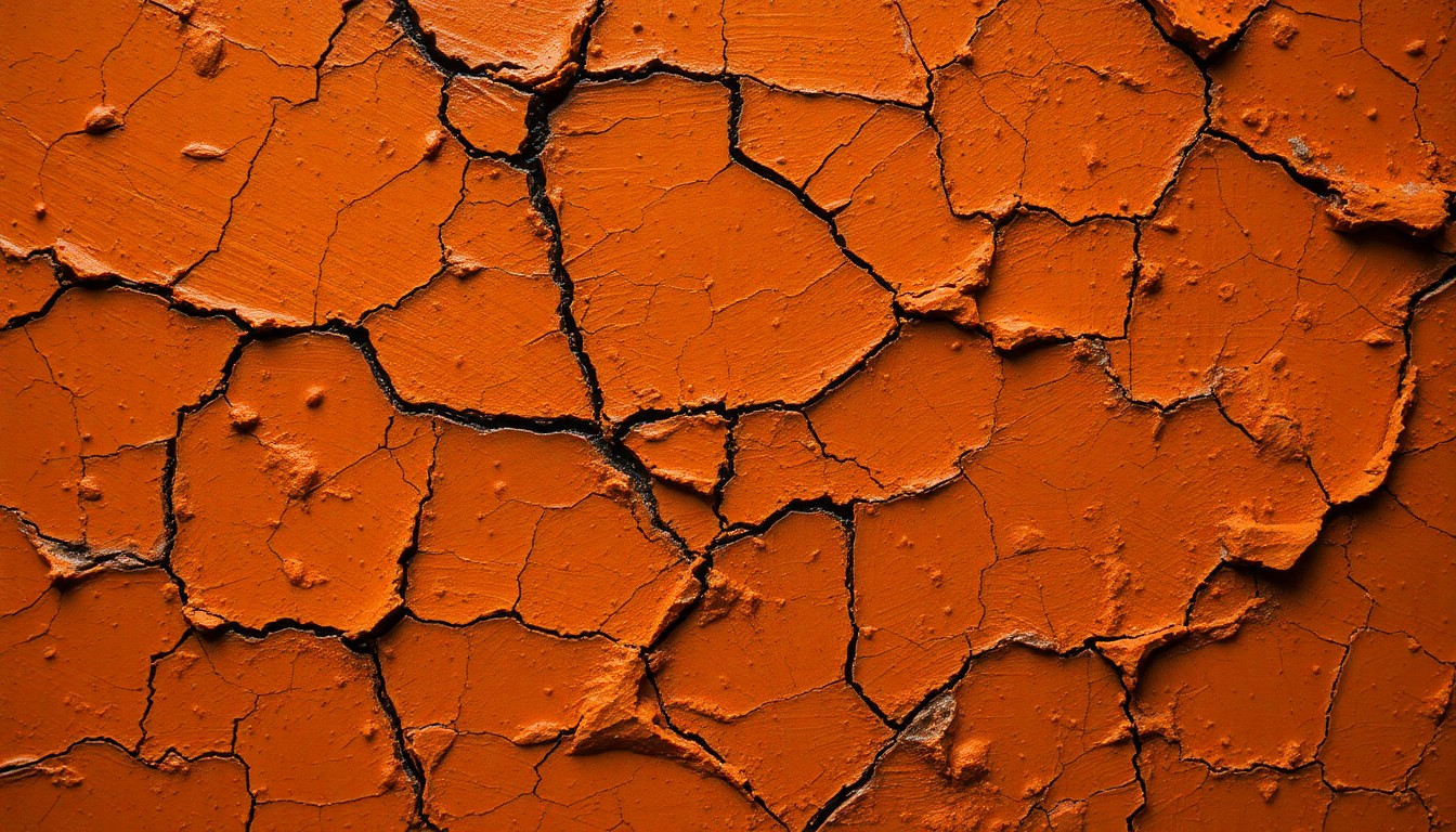 An extreme close-up photograph of cracked, textured paint in earthy tones, conceptually representing the rugged landscapes that inspire the artist's work.