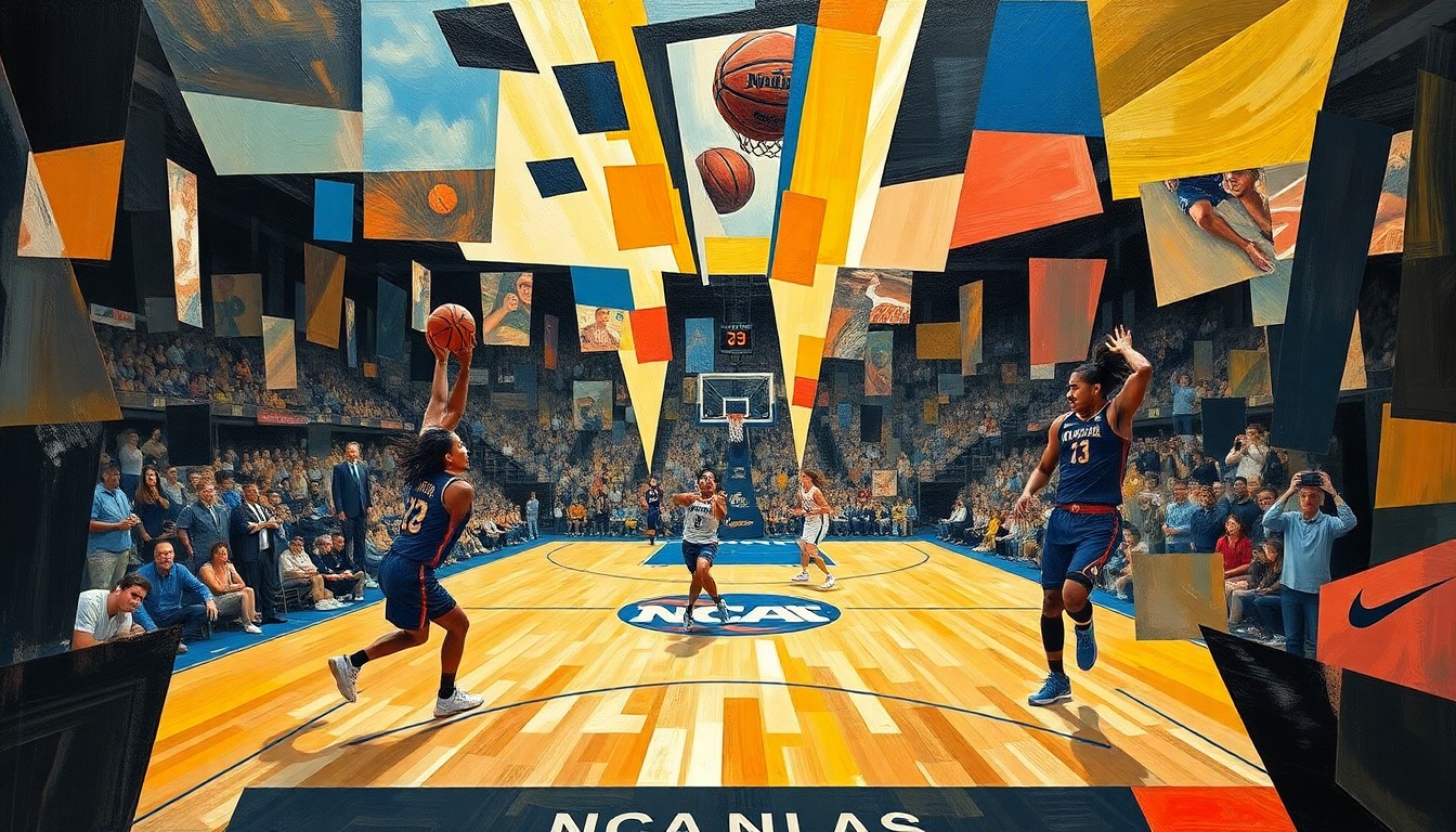 A cubist, geometric painting depicting the dynamic action and energy of the NCAA Women's Basketball Championship game, with overlapping shapes and planes representing the players, the court, and the intensity of the competition.